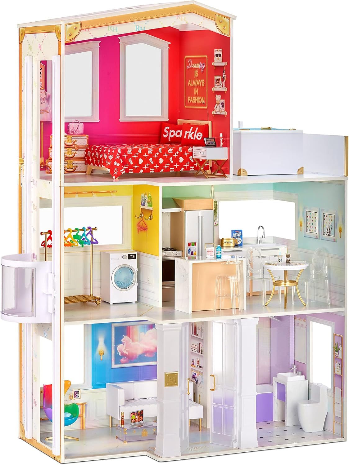 Rainbow High Townhouse - 3patrový dřevěný domeček pro panenky s 5 barevnými pokoji a terasou - Plně zařízený dům s výtahem a funkčními doplňky - Hračka pro 4-12 a více let staré domečky pro panenky Naty Shop 2021 Rainbow High House
