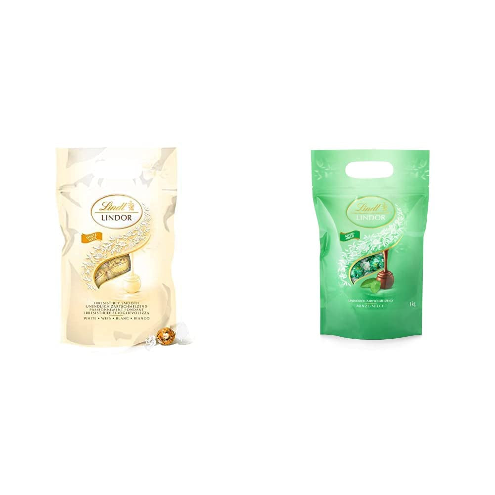 LINDOR kuličky bílé čokolády, 1 kg a LINDOR | 1 kg uzavíratelný sáček | cca. 80 kuliček z mléčné čokolády s mátovou náplní | Hromadné balení, pralinkový dárek, čokoládový dárek
