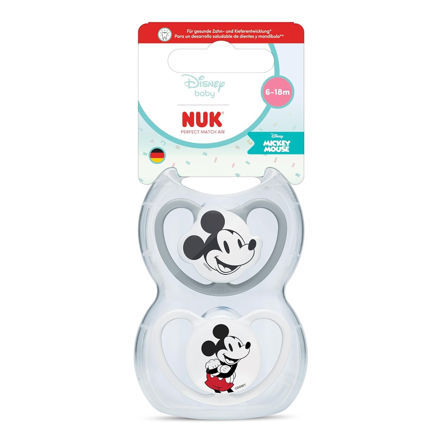 Dudlíky NUK Perfect Match pro miminka | 6-18 měsíců | Ortodontické dudlíky, které podporují cirkulaci vzduchu a zabraňují vyrážkám způsobeným slinami | 95% přijetí miminky** | Disney Mickey Mouse | Balení 2