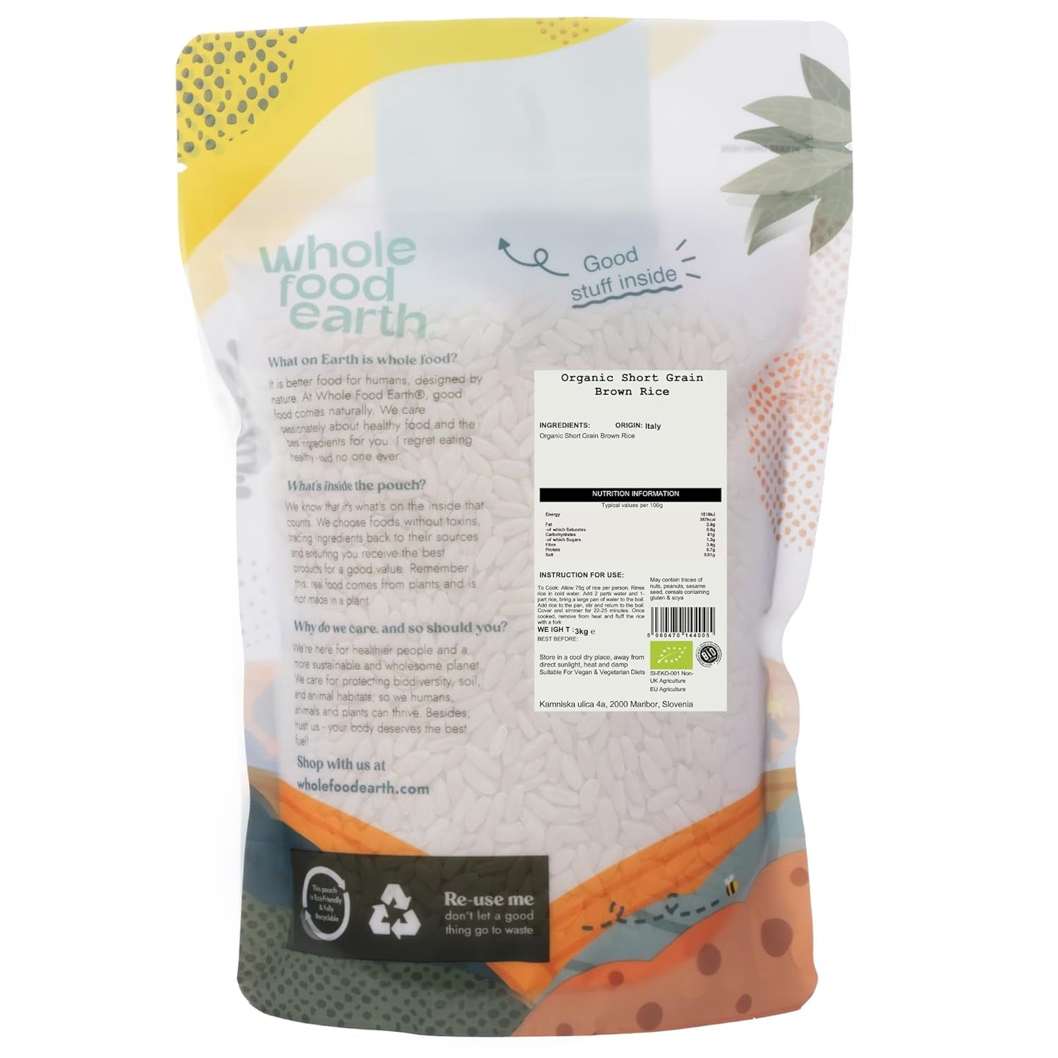 Wholefood Earth Bio Krátkozrnná hnědá rýže 3 kg Non-GMO Vegan Zdroj vlákniny z kontrolovaného ekologického zemědělství