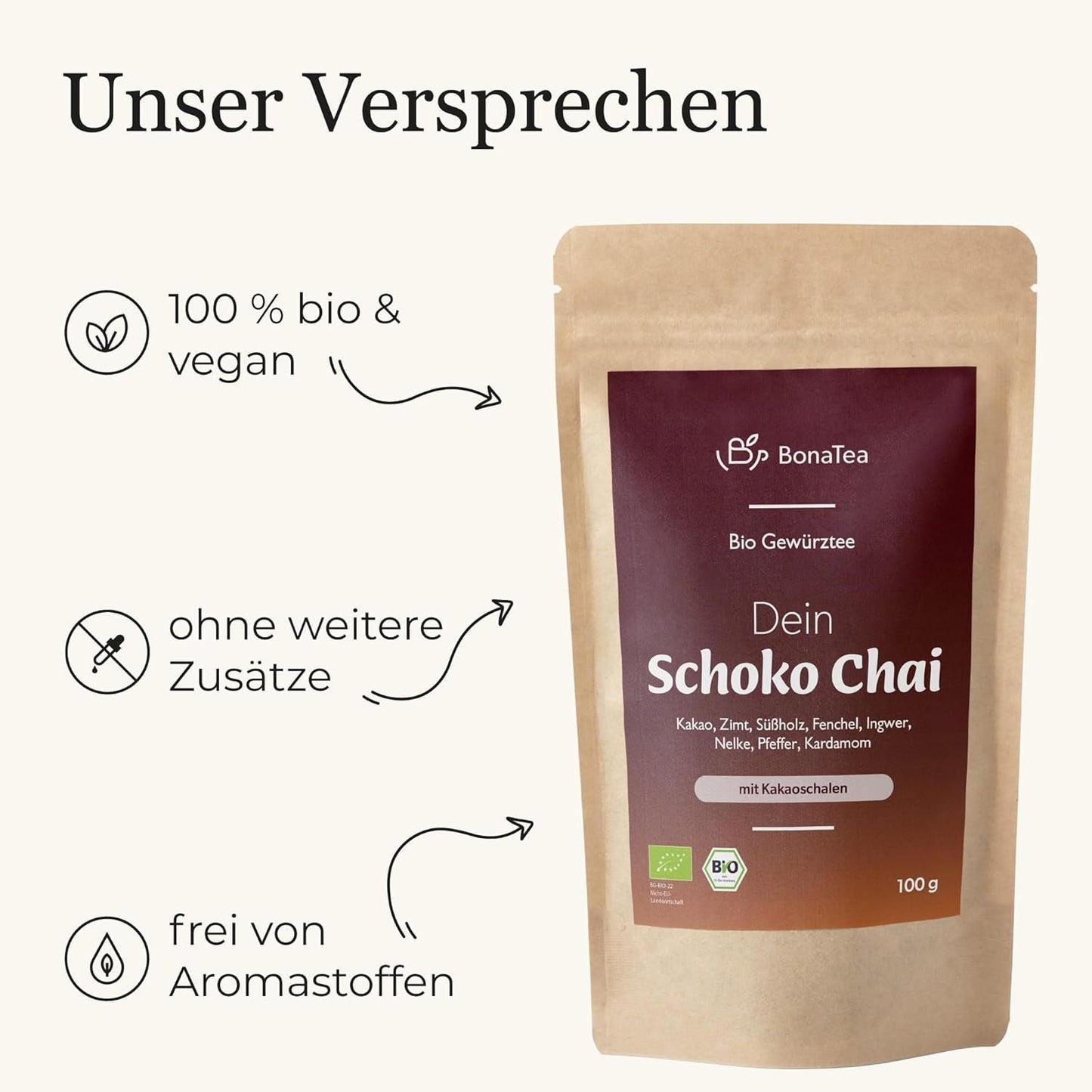 BIO Schoko Chai kořeněný čaj bez cukru, s kakaovými lusky, skořicí, lékořicí a dalším aromatickým Chai kořením, 100 g
