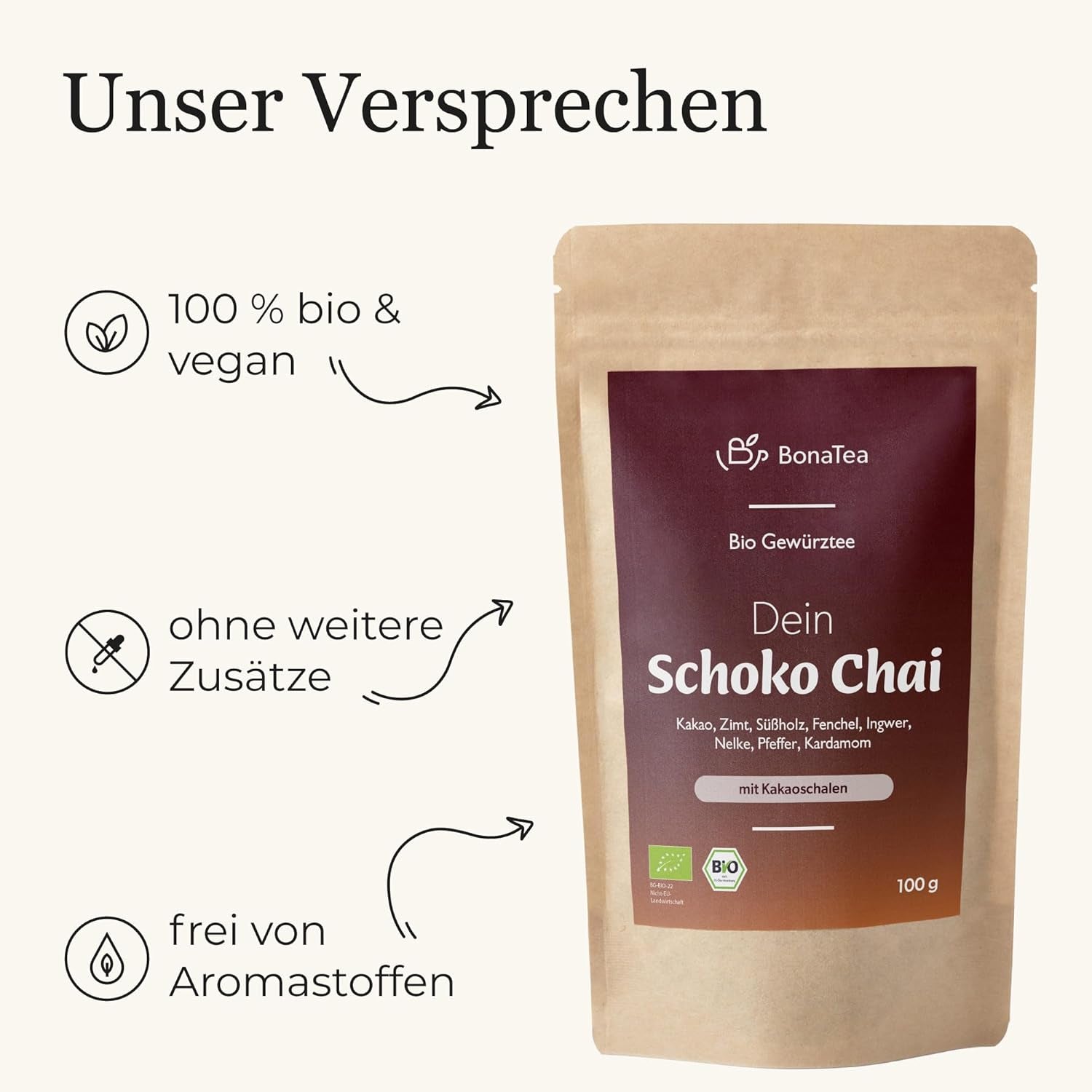 BIO Schoko Chai kořeněný čaj bez cukru, s kakaovými lusky, skořicí, lékořicí a dalším aromatickým Chai kořením, 100 g