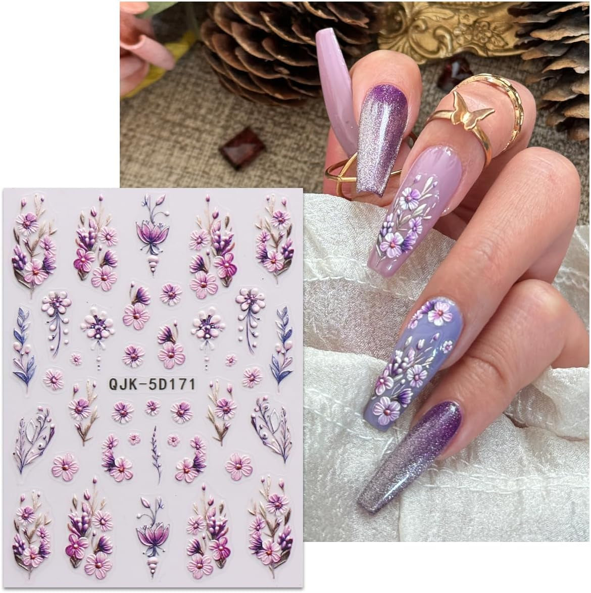 JMEOWIO 3D Nálepka na nehty Blumen Nálepka na nehty Selbstklebend Nagelaufkleber 5D Stereoskopické jarní letní dekorace Nageldesign Zubehör 4 Blatt