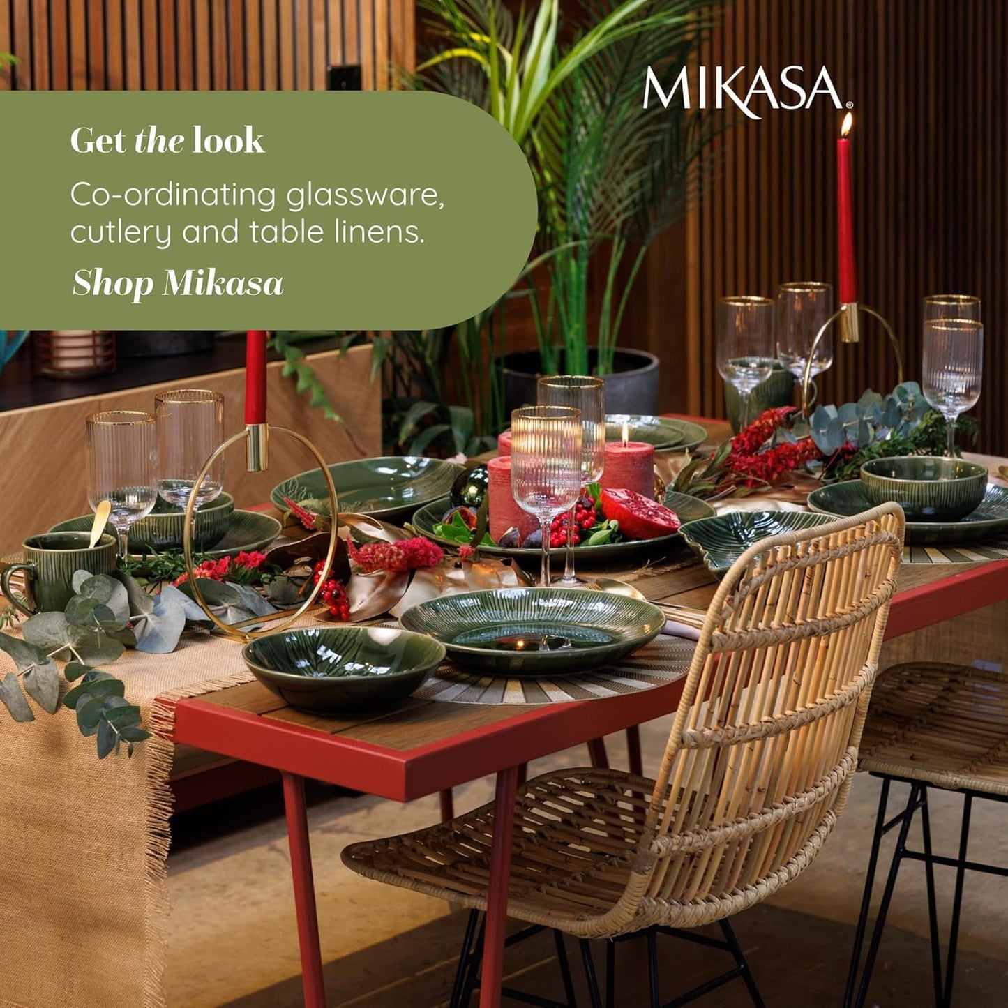 Mikasa Jardin 12dílná sada nádobí, sada kameninového nádobí pro 4 osoby s talíři, odkládacími talíři a misky, zelená – dárková krabička a lze mýt v myčce
