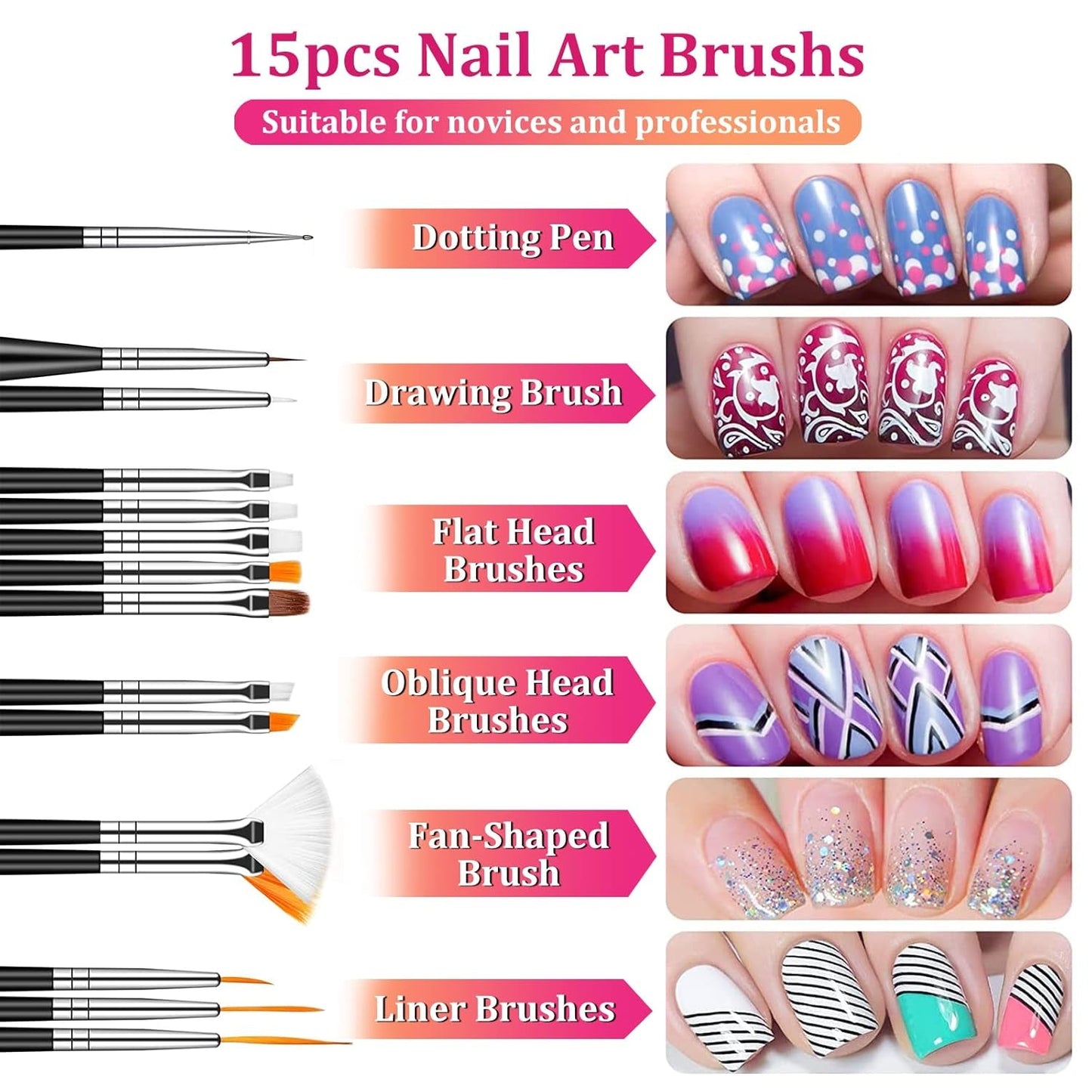 Nail Art Pinsel Und Dekorationen Set,Nail Art Dekoration Zubehör Set,15 ks Pinsel,5 Blätter Nagelsticker,5 ks tečkované pero,Strasssteine ​​​​Nägel,Ultra Dünn Nagel Paillettes Für Nagelkunst Maniküre