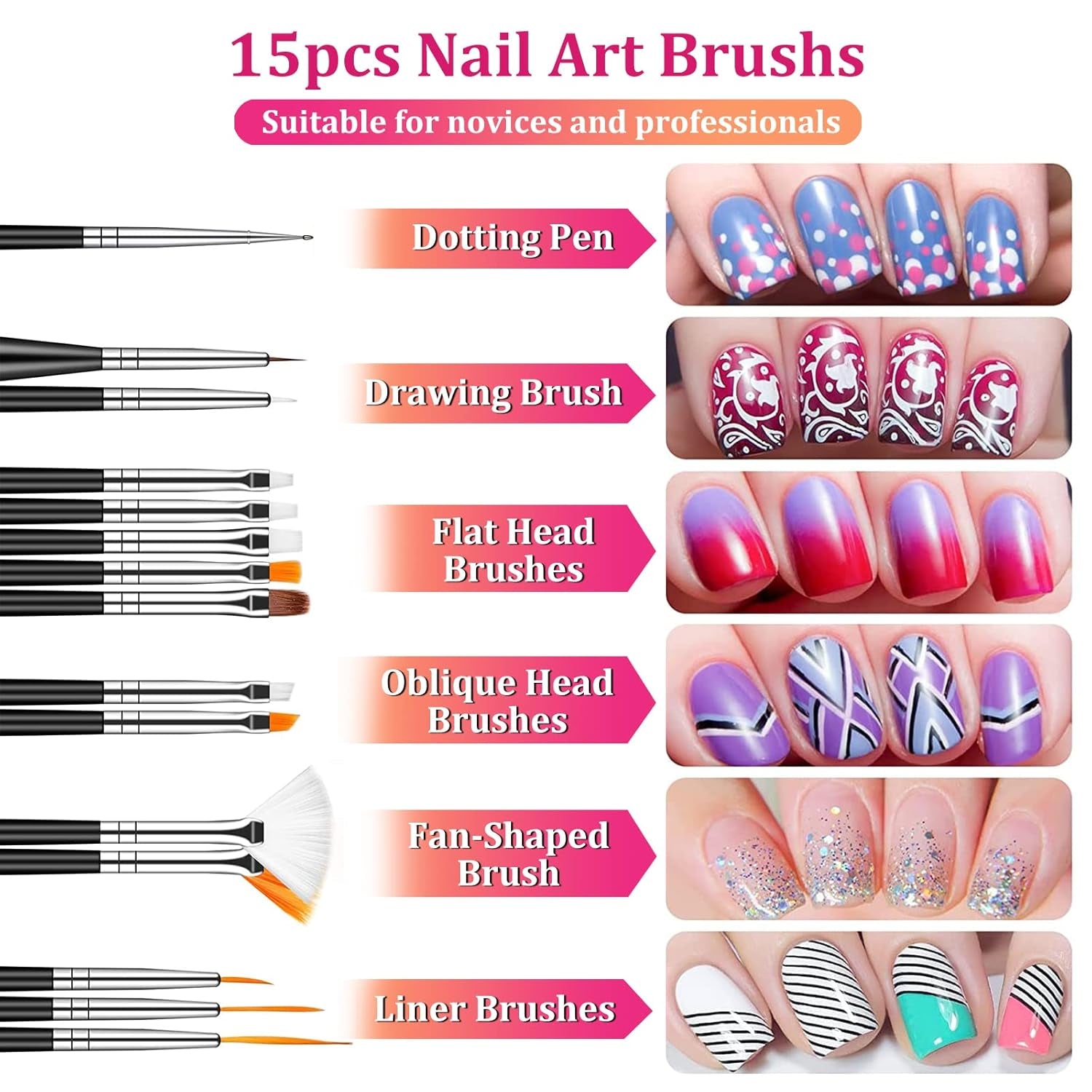 Nail Art Pinsel Und Dekorationen Set,Nail Art Dekoration Zubehör Set,15 ks Pinsel,5 Blätter Nagelsticker,5 ks tečkované pero,Strasssteine ​​​​Nägel,Ultra Dünn Nagel Paillettes Für Nagelkunst Maniküre