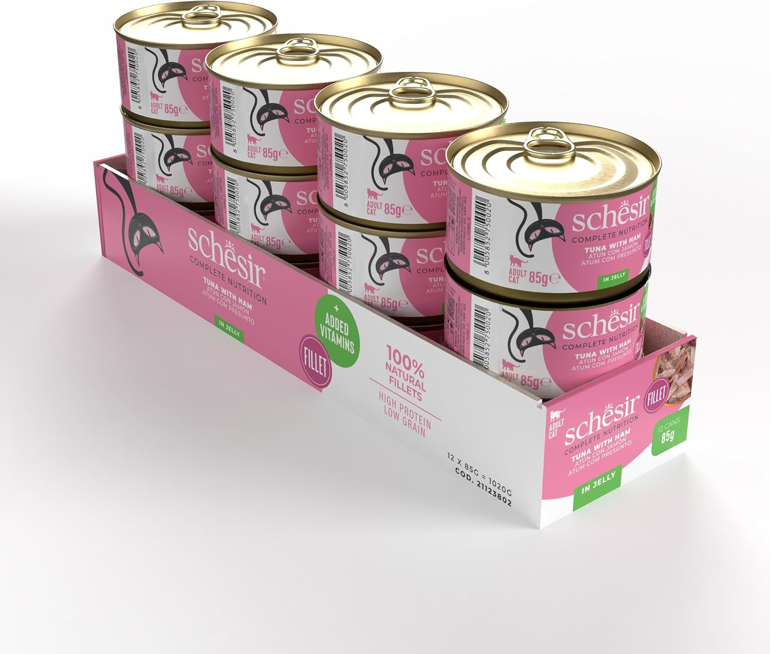 Tuňák se šunkou v želé, mokré krmivo pro kočky, konzerva, 100% přírodní, s přidanými vitamíny, 12 x 85g