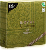 Papstar, 50 ubrousků "ROYAL Collection" 1/4 násobek 40 cm X 40 cm olivově zelená "Ornaments", #81746