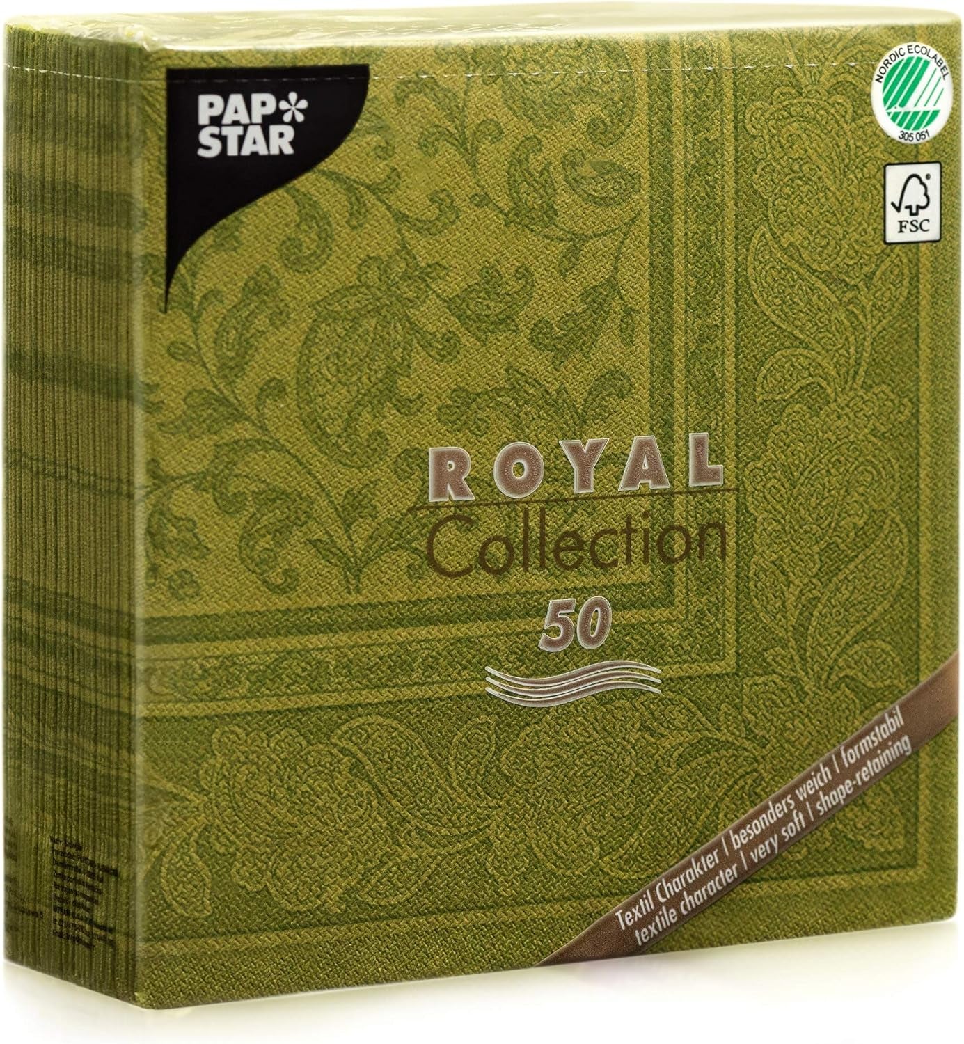 Papstar, 50 ubrousků "ROYAL Collection" 1/4 násobek 40 cm X 40 cm olivově zelená "Ornaments", #81746