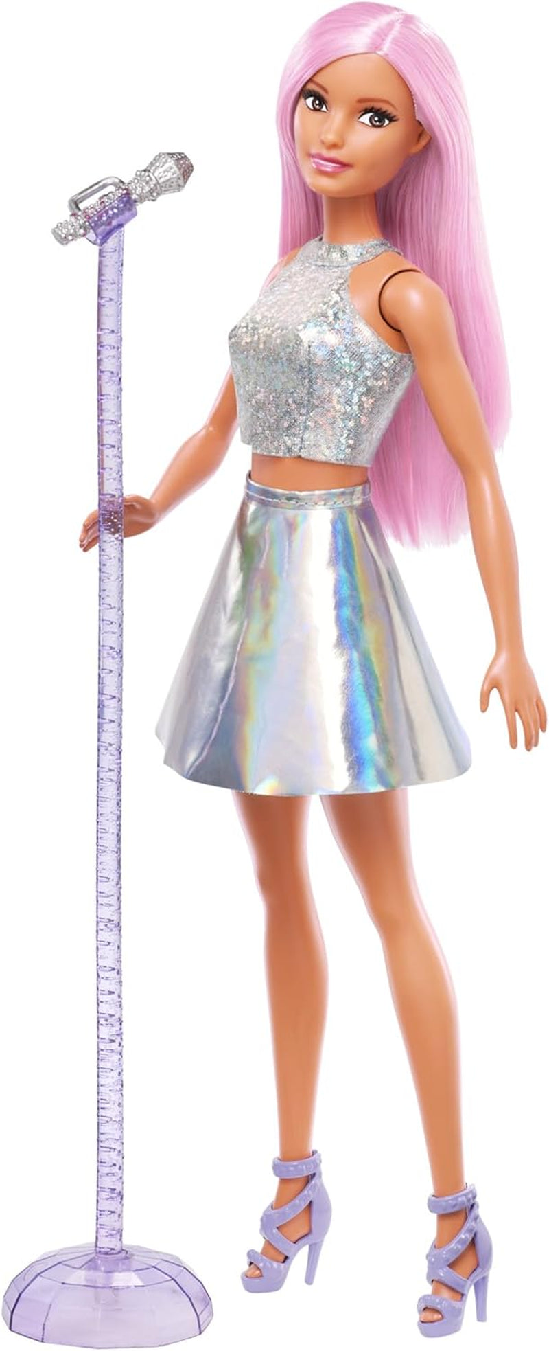 Panenka Barbie Pop Star oblečená v šumivé sukni s mikrofonem a růžovými vlásky Dárek pro 3-7leté děti JCW42 Oslnivé panenky Naty Shop Iridescent