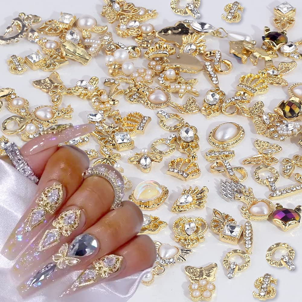 50 zlatých přívěsků na nehty Stück, mix stylů Glitzersteine ​​Nägel Perle Legierung Nagel Steine ​​​​Blume Schmetterling Strasssteine ​​​​Nägel Herz Stern Nagel Charms DIY Nail Art Zubehör Frauen Nägel Deko