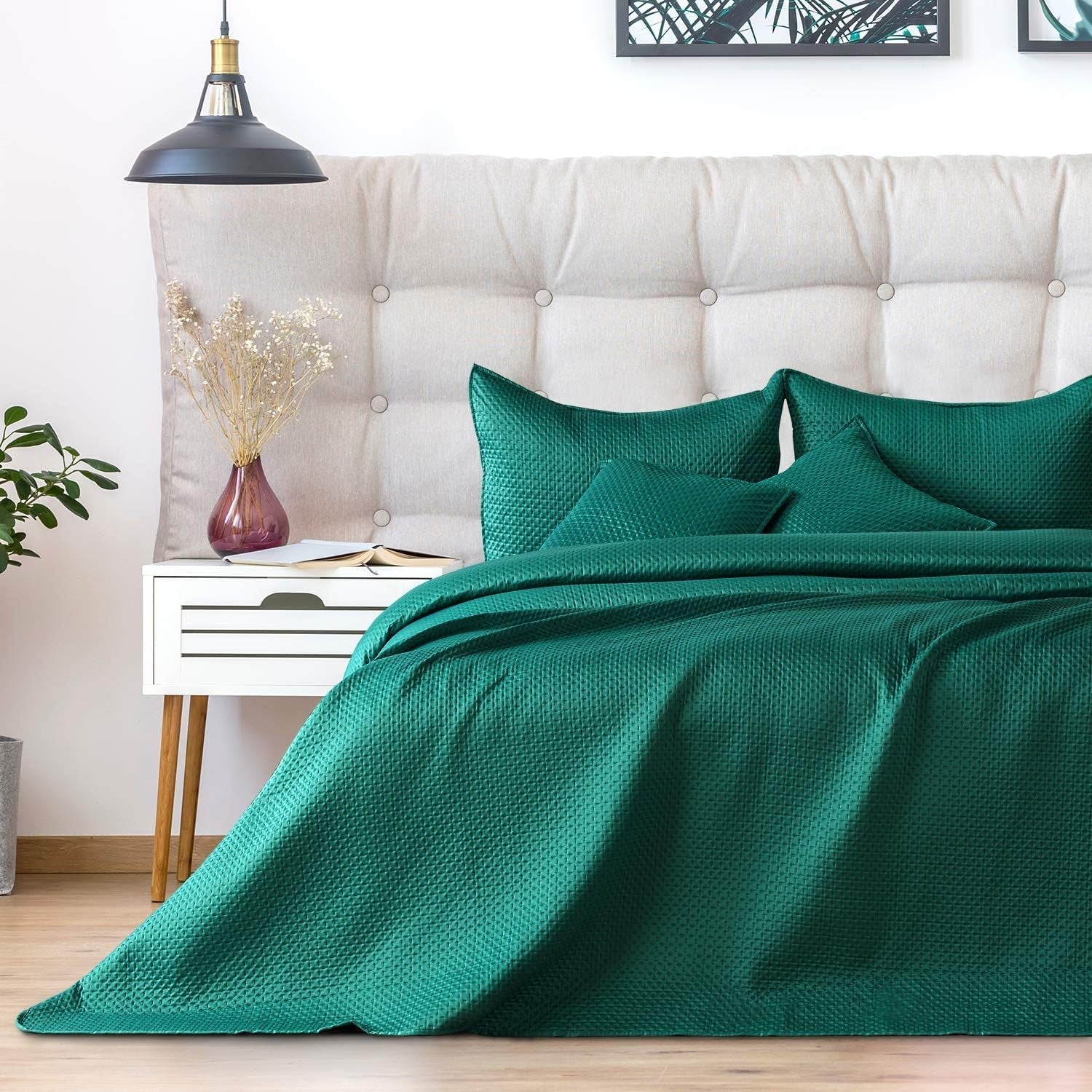 Ameliahome přehoz na postel 200X220 Cm tmavě zelený přehoz se dvěma reliéfními stranami Matt Satin Carmen Postele a deky Besuche den AmeliaHome-Store