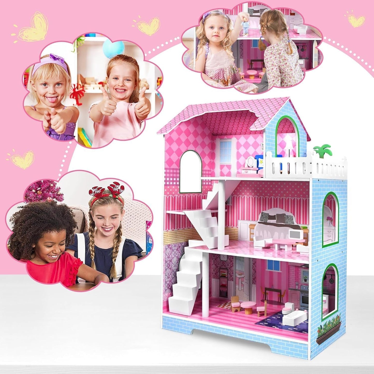 HENGMEI Puppenhaus Kinder Holz Puppenvilla Set domečku pro panenky Mädchen Spielset 3 Etagen Haus mit Möbeln und Zubehör, 70x30x100cm Puppenhäuser für Kinder (Typ B)