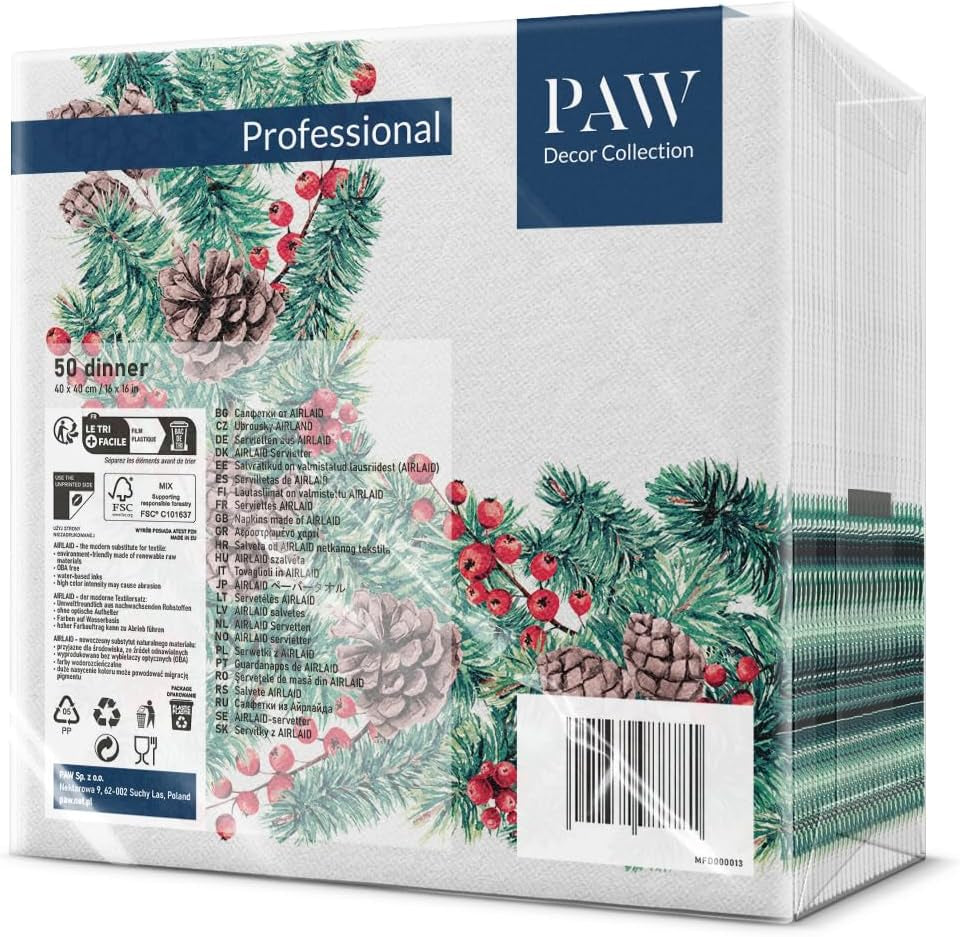 PAW - Airlaid ubrousky (40 X 40 cm) I 50 kusů I Ideální na Vánoce, zimu, svátky I Dekorace na štědrovečerní stůl I Ubrousky podobné Airlaid Větve na zimu I Větve na zimu