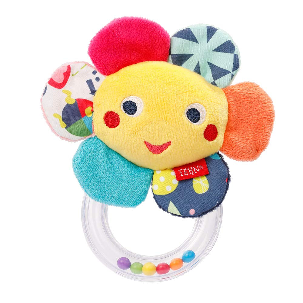 Fehn Octopus Toy Ring Bell - chrastítko, pískání, hračka motorických dovedností - plyšová hračka pro miminka s měkkou látkou - hračka pro miminka a batolata od 0 a více měsíců Hračky pro miminka Naty Shop Flower