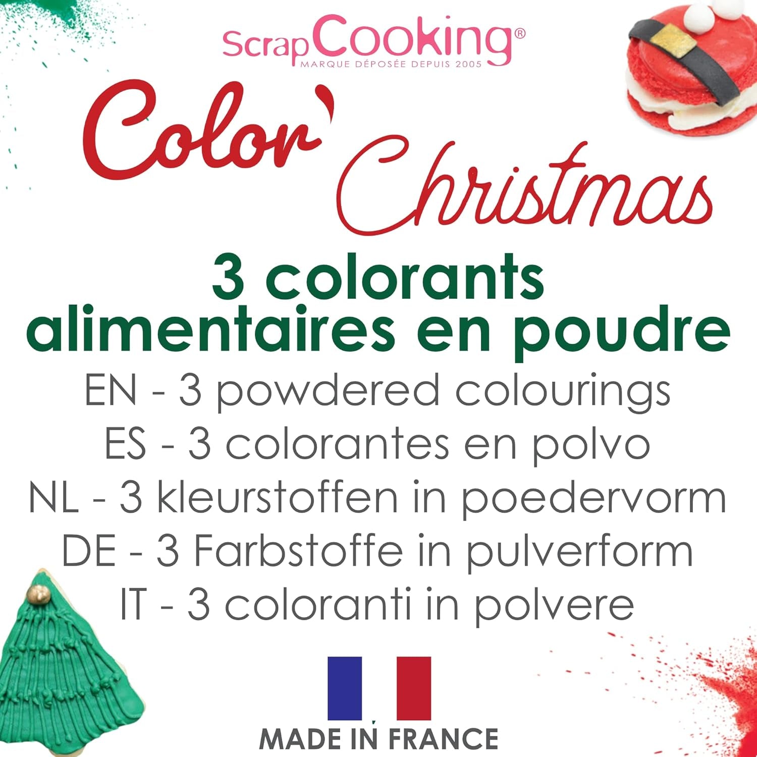 Scrapcooking - Sada 3 práškových vánočních potravinářských barviv - červená, zelená, zlatá - Jedlé potravinářské barvivo na pečení, dorty, sušenky, pečivo, těsto, fondán - vánoční ozdoby - 4018