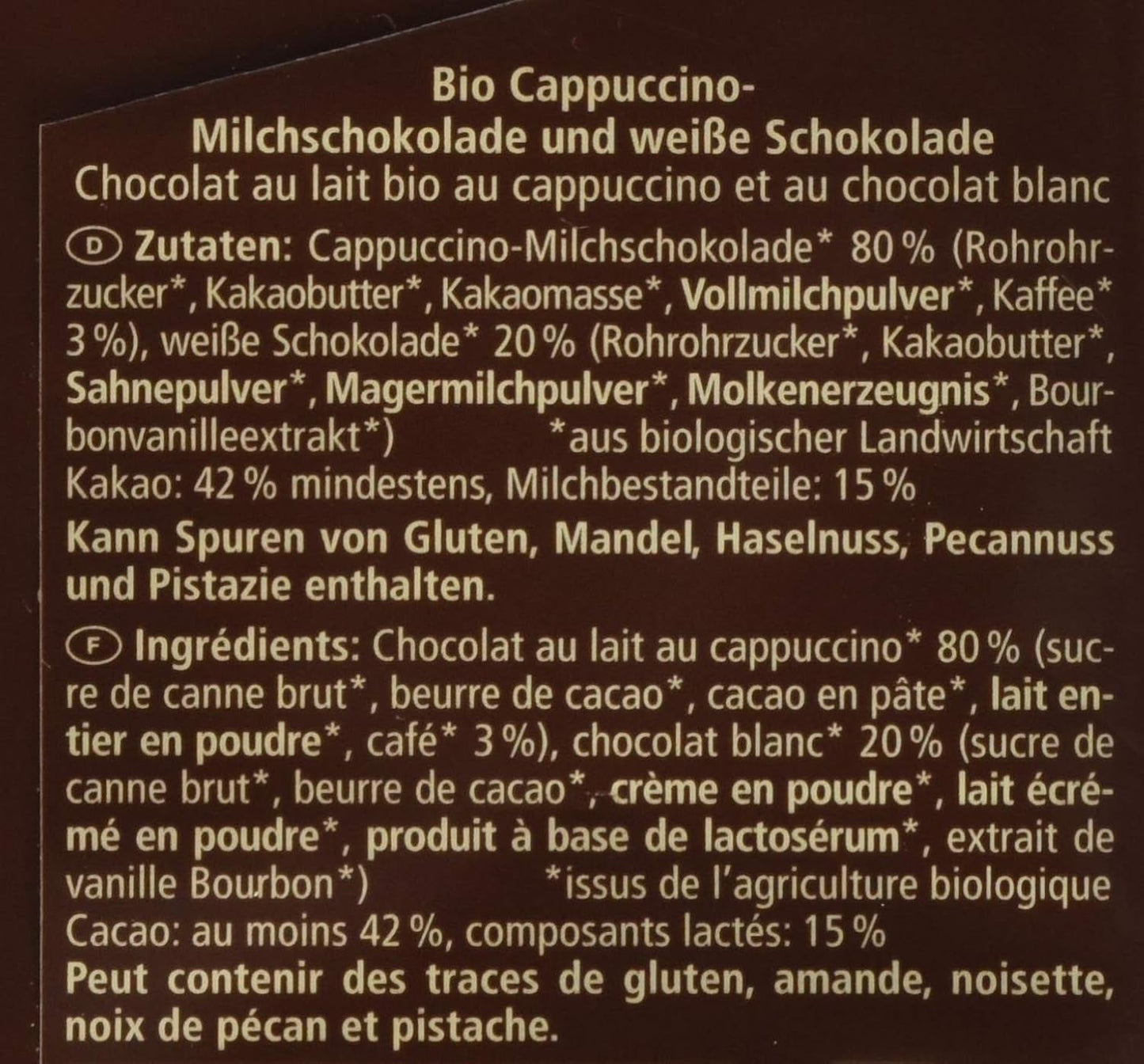 Bio čokoláda plněná cappuccinem, 100g