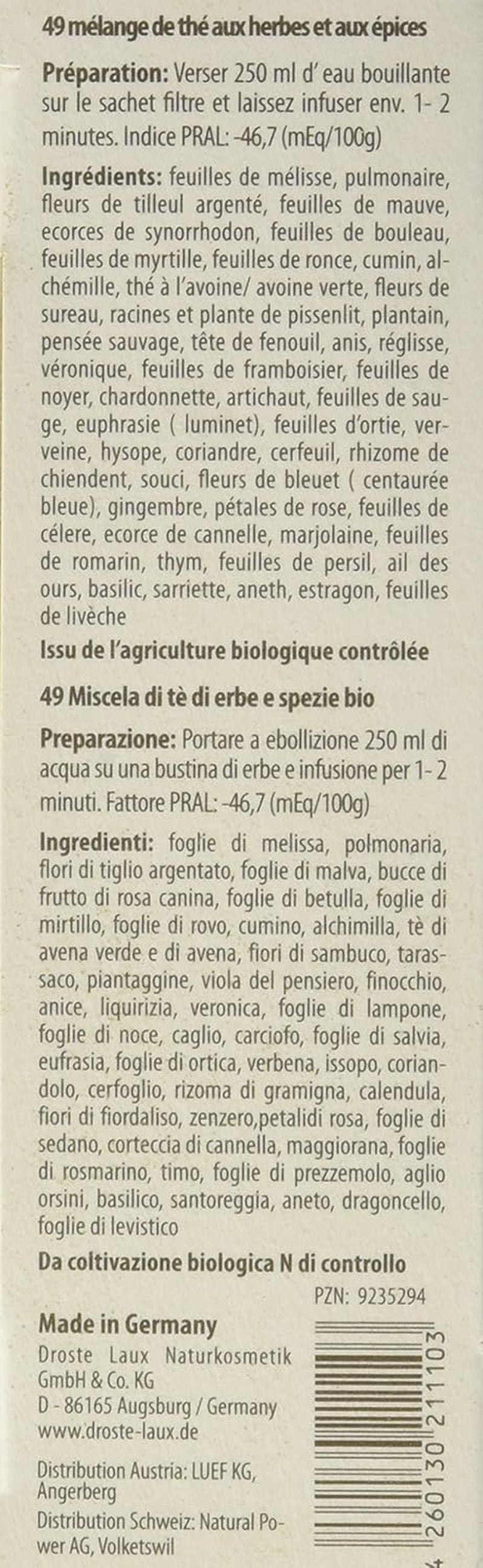 Základní čaj Droste-Laux se 49 bylinkami, 25 kusů (bylinný čaj, filtrační sáčky, hladový nebo dietní čaj) 120501