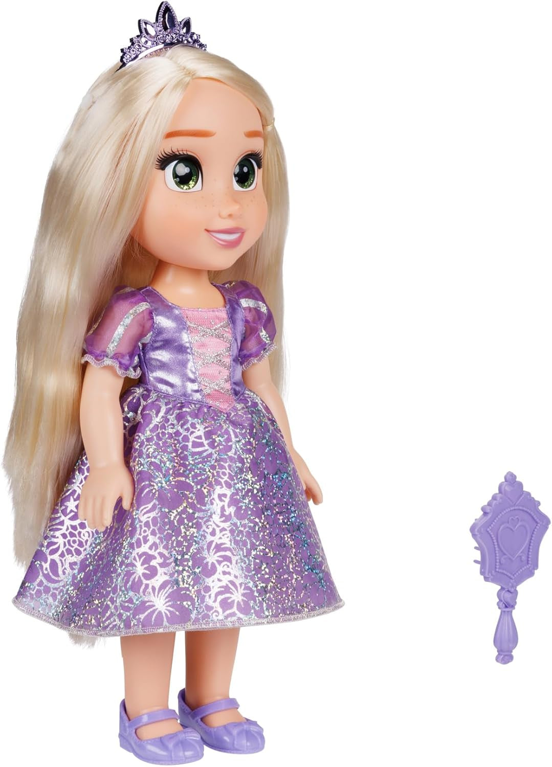 Panenka Disney Princess Rapunzel 35 cm, reflexní třpytivé oči, pohyblivé klouby, odnímatelné šaty, boty, korunka, dlouhé blond vlasy, pro dívky od 3 let