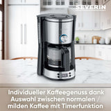 Espresso kávovar SEVERIN "TypeSwitch" se skleněnou karafou a časovačem, AromaSwitch pro výběr 2 možností spařování, digitální hodiny s funkcí časovače, až 10 šálků, 1000W, kartáčovaná nerez-černá, KA 4826