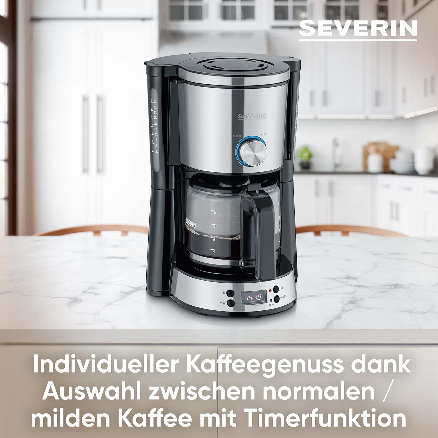 Espresso kávovar SEVERIN "TypeSwitch" se skleněnou karafou a časovačem, AromaSwitch pro výběr 2 možností spařování, digitální hodiny s funkcí časovače, až 10 šálků, 1000W, kartáčovaná nerez-černá, KA 4826