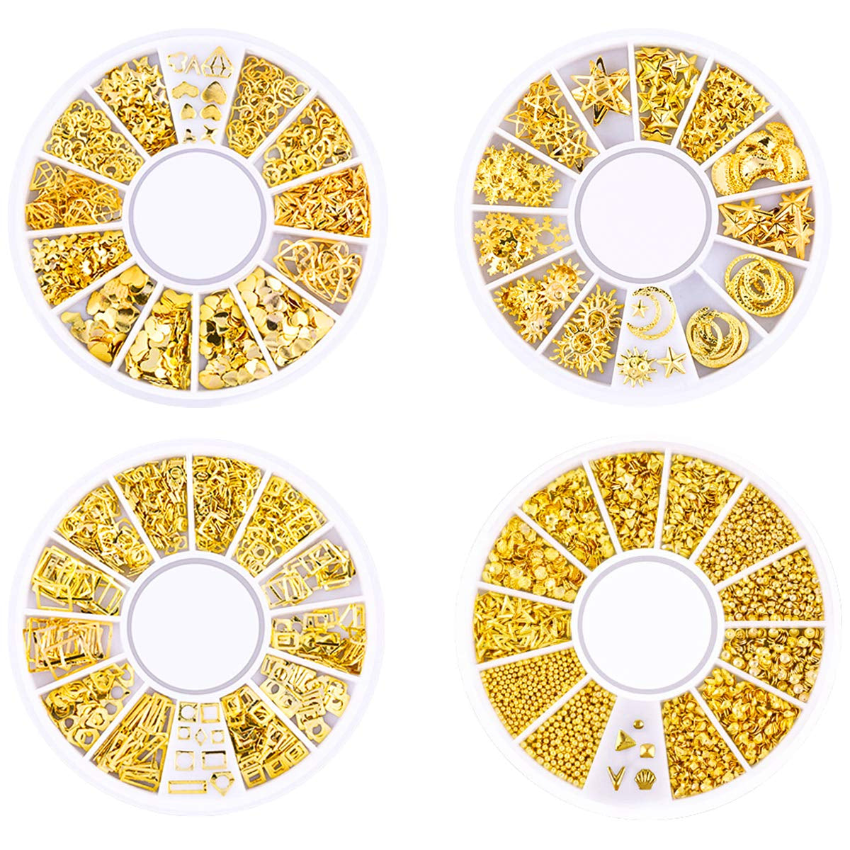 4 krabičky Nagel Art Strass, 3D Nagel Art Decorations, Mix Größe Nagel Perlen Glitter Strass Gold Metall Hohlniet Nagelkunst Stern Mond Sonne Nagel Zubehör Für DIY Nageldesign