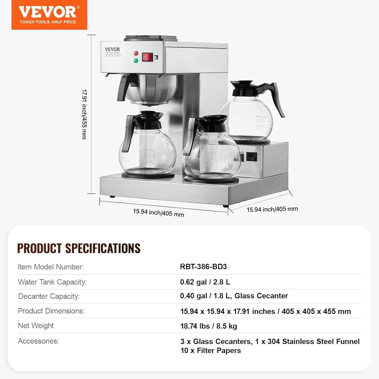 Komerční kávovar na espresso s filtrem na 12 šálků VEVOR se 3 skleněnými karafami a 3 topnými deskami Espresso kávovar z nerezové oceli s automatickým přívodem vody pro kancelářskou restauraci Kavárna