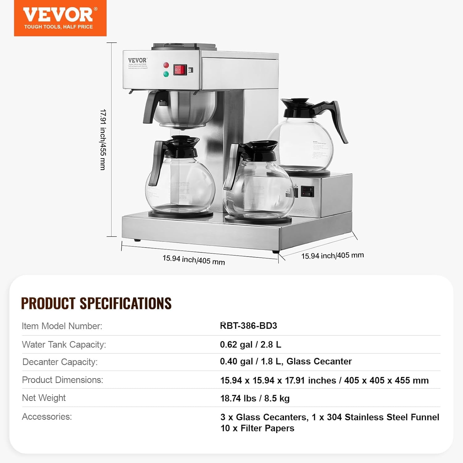 Komerční kávovar na espresso s filtrem na 12 šálků VEVOR se 3 skleněnými karafami a 3 topnými deskami Espresso kávovar z nerezové oceli s automatickým přívodem vody pro kancelářskou restauraci Kavárna