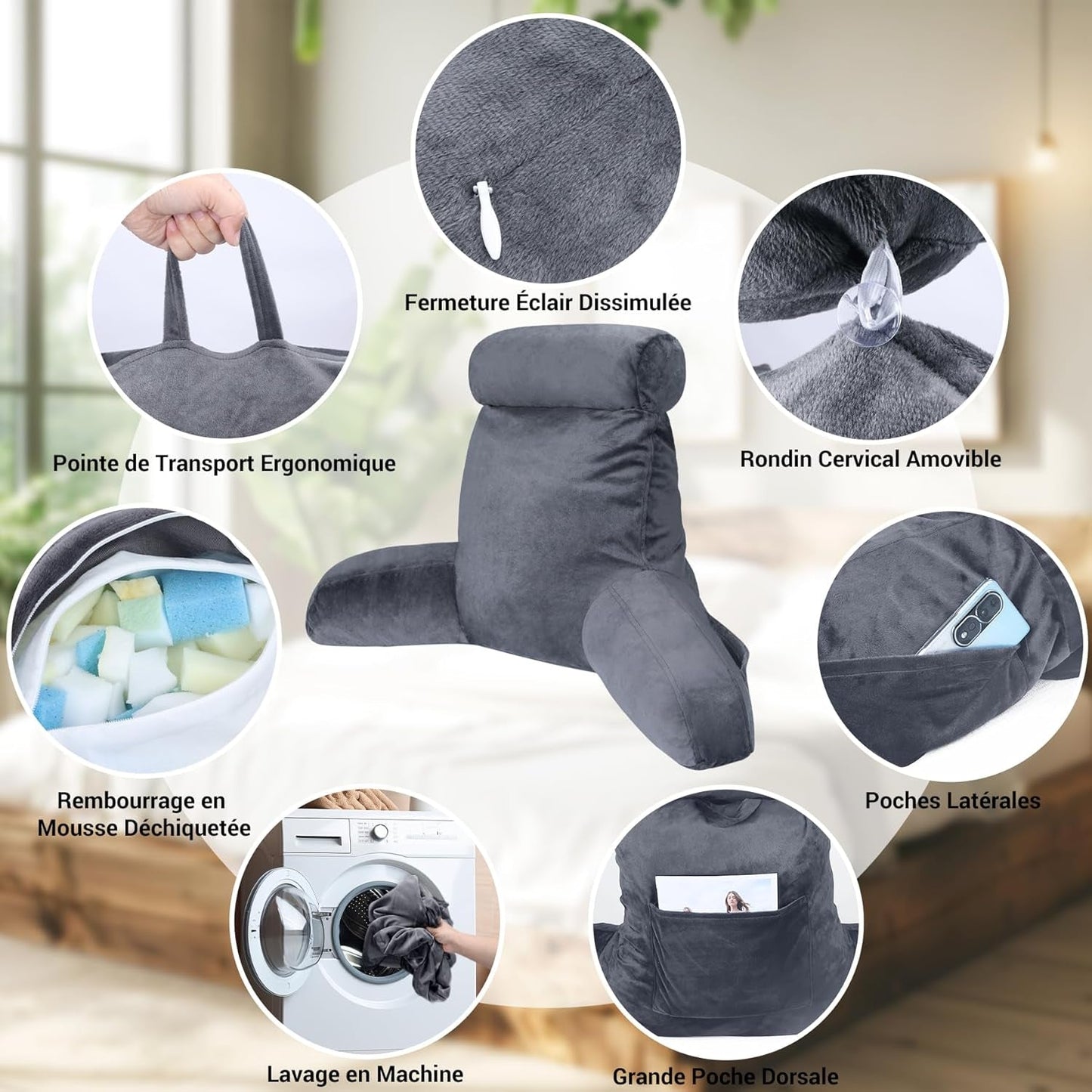 INFANTIA ergonomický polštář na čtení s područkami, opěrka zad, velký, šedý