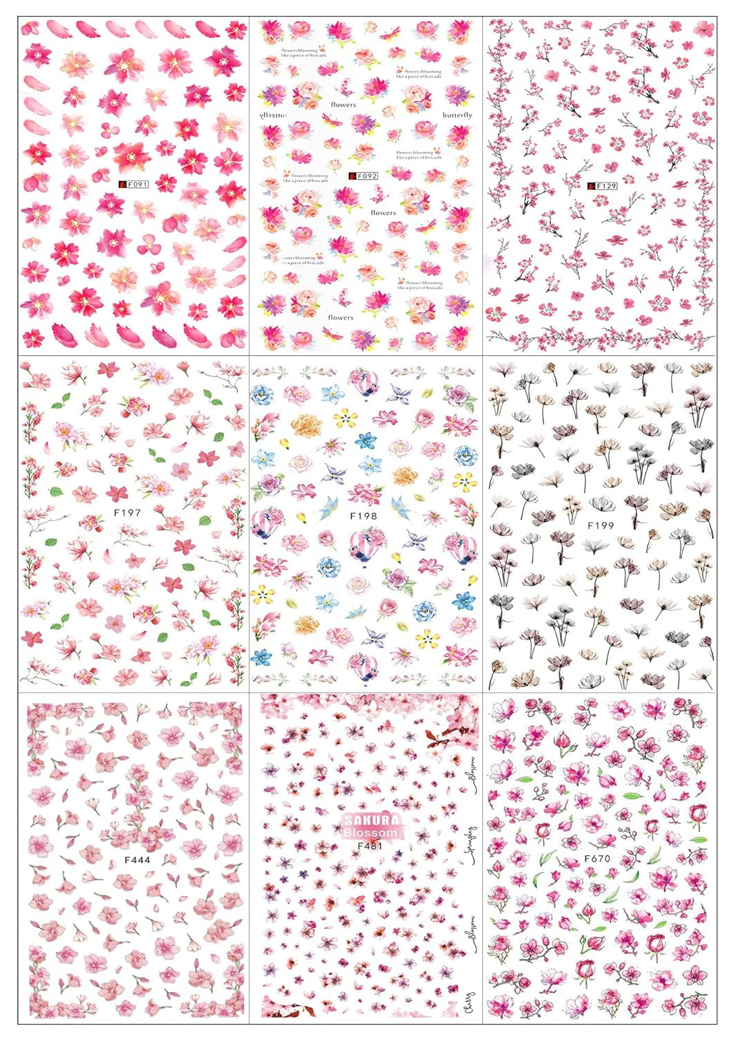 JMEOWIO Nálepka na nehty Frühling Blume 9 Blatt Nagelaufkleber Selbtklebend Rosa Blüte Nálepka na nehty Dekoration Nageldesign Zubehör