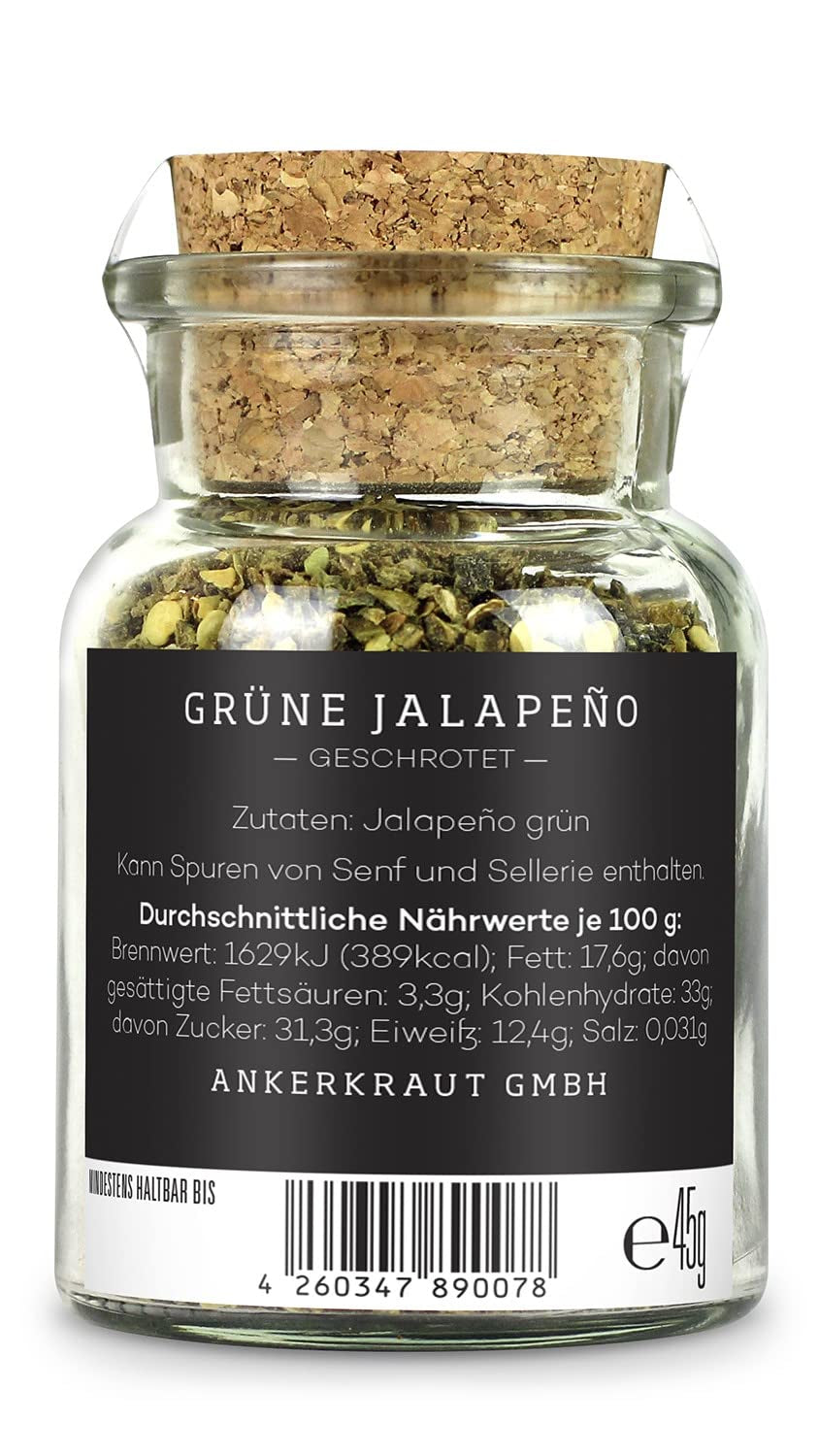 Ankerkraut Grüne Jalapeno, scharfe Chili, Chilis geschrotet, Finisher Scharf Würzen, Scharfes Essen Kochen, Highlight Chili con Carne, Fleisch, Kartoffeln, 45 g im Korkenglas