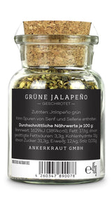 Ankerkraut Grüne Jalapeno, scharfe Chili, Chilis geschrotet, Finisher Scharf Würzen, Scharfes Essen Kochen, Highlight Chili con Carne, Fleisch, Kartoffeln, 45 g im Korkenglas