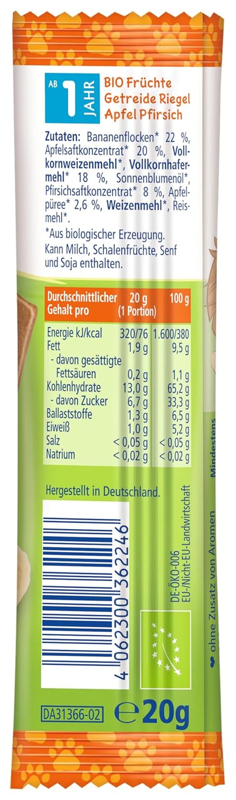 HiPP Lion müsli tyčinky s křupavým ovsem a jablkem a broskví (24 x 20g), od 1 roku, slazené pouze ovocem, v nejlepší bio kvalitě