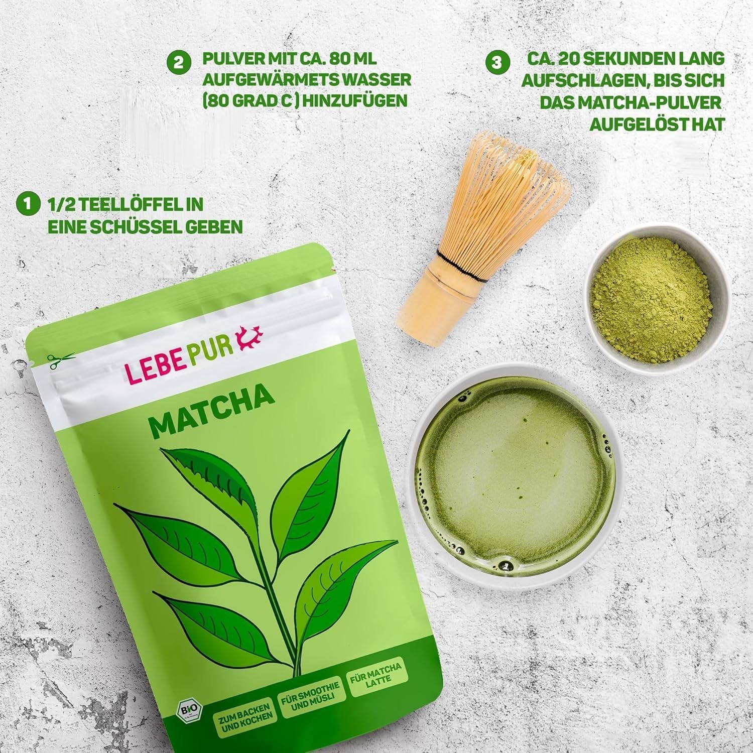 Lebepur BIO Matcha Powder 100G - Prvotřídní kvalita z Japonska Bez aditiv - 100% čistý prášek ze zeleného čaje pro Matcha Latte, Matcha Tea, Zelený čaj, Smoothie - Japonský zelený čaj