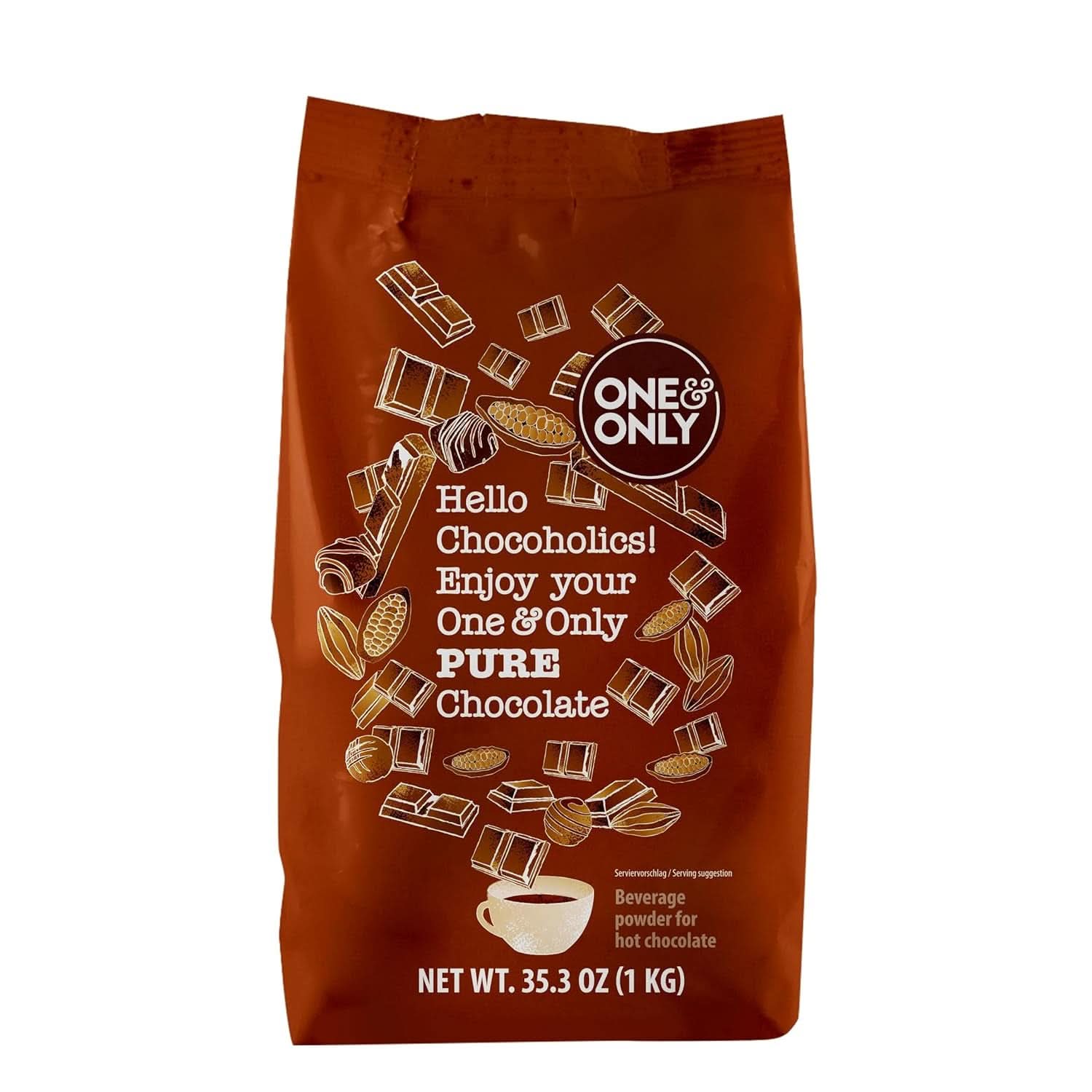 One&Only Chocolate Powder Pure 1 Kg - Vysoce kvalitní čokoládový prášek pro prémiovou čokoládu na pití s ​​32 % kakaa Cacao a Hot Chocolate Naty Shop