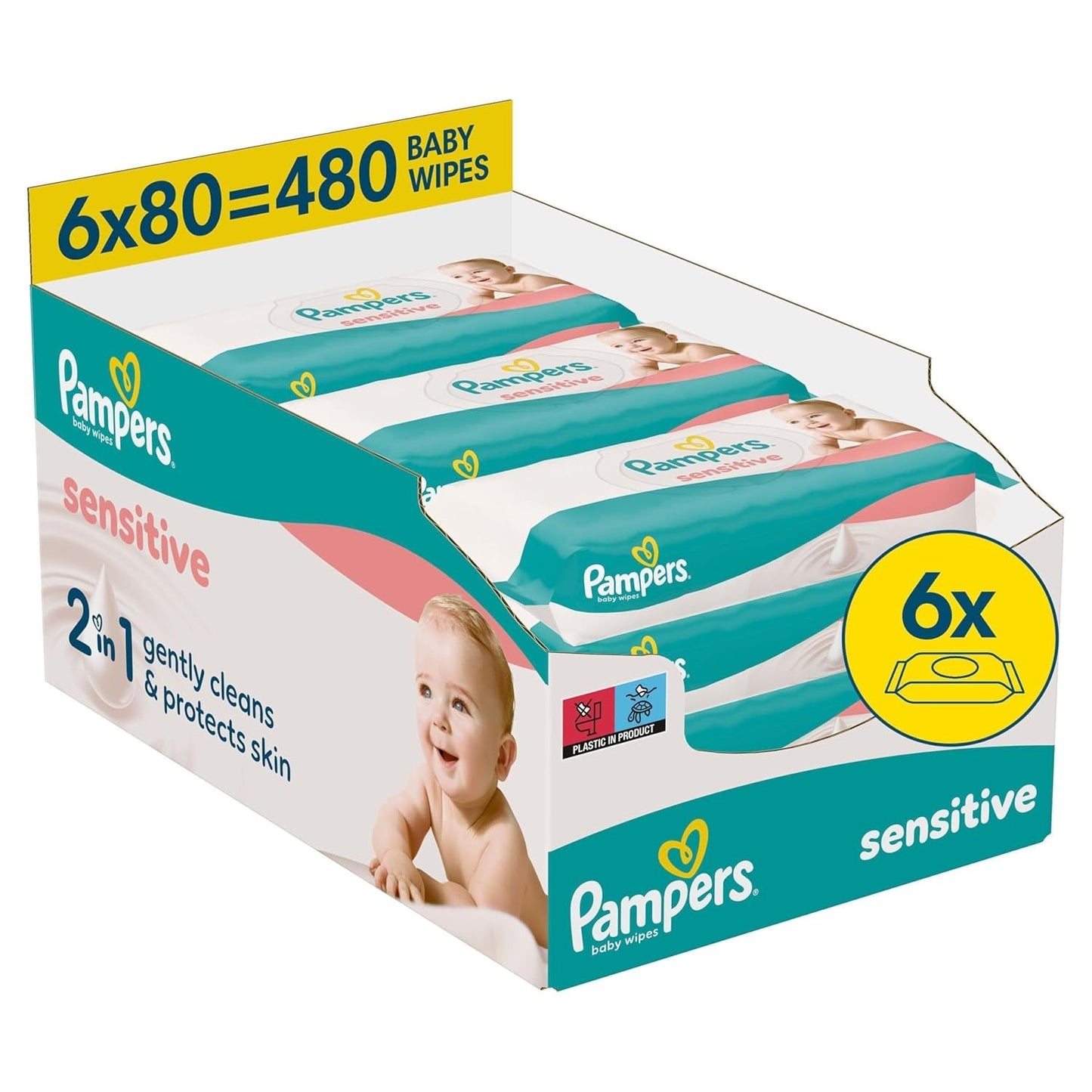 Vlhčené ubrousky Pampers Sensitive, 6 balení po 80 ubrouscích = 480 ubrousků, neparfemované, pro jemné, šetrné čištění
