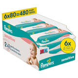 Vlhčené ubrousky Pampers Sensitive, 6 balení po 80 ubrouscích = 480 ubrousků, neparfemované, pro jemné, šetrné čištění