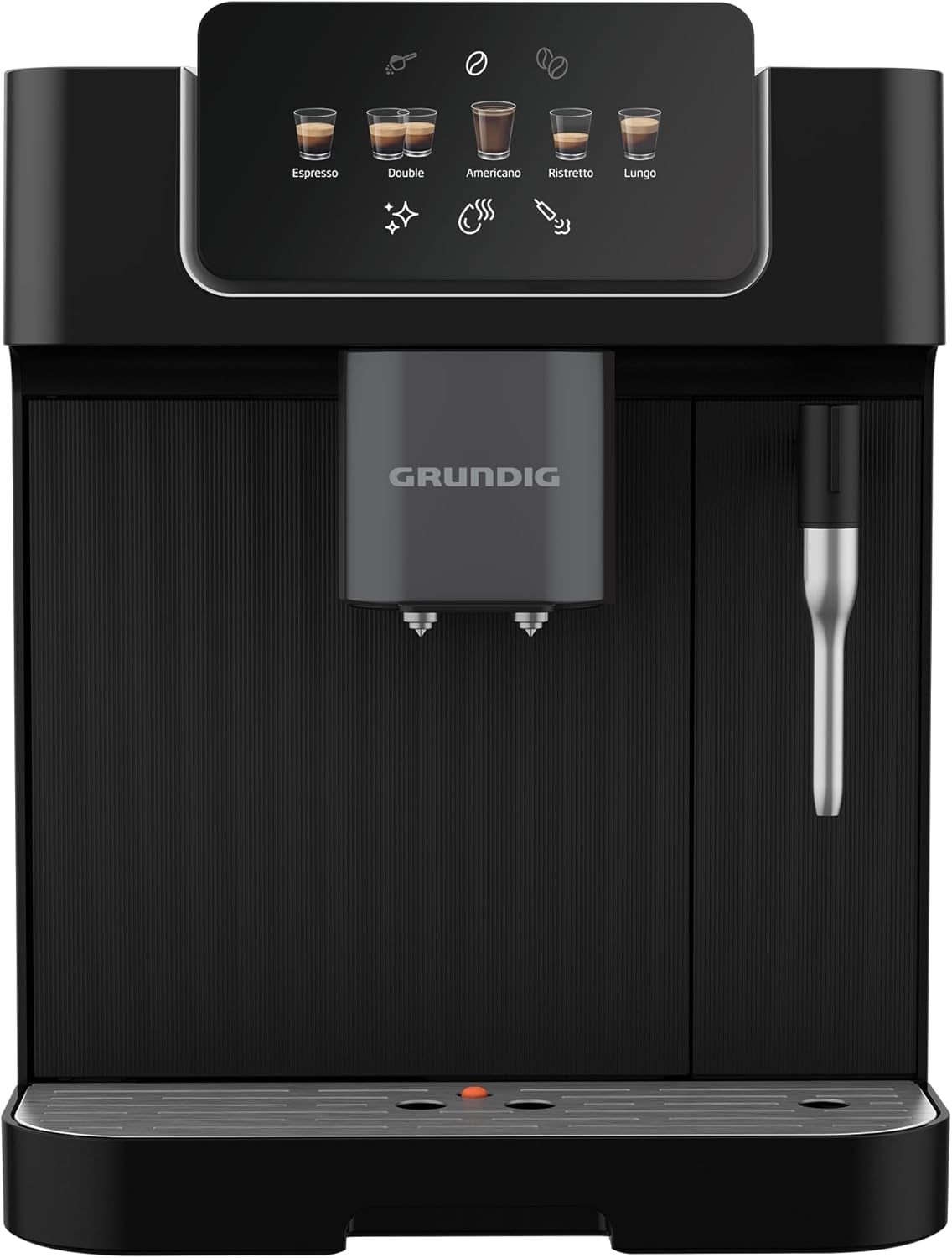 Plně automatický espresso kávovar GRUNDIG KVA 6230 s napěňovačem mléka, nerezový mlýnek s 13 nastaveními mletí, nádoba na kávová zrna 250 g, vyjímatelná nádrž na vodu 2 litry, tlak čerpadla 19 bar, dotykový displej, černá