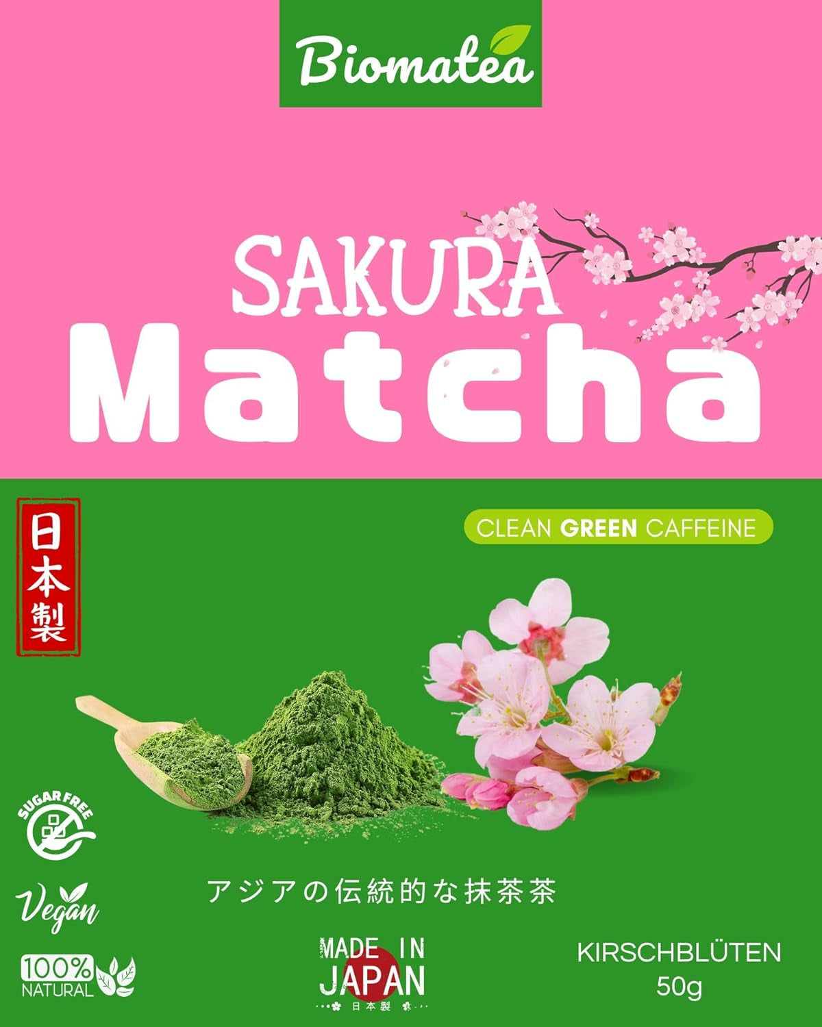 Sakura Matcha Tea 50g - Ceremoniální třída z Japonska - Prémiový zelený čaj s práškem z květů sakury - První sklizeň, mletý kámen, Vegan, bez přísad