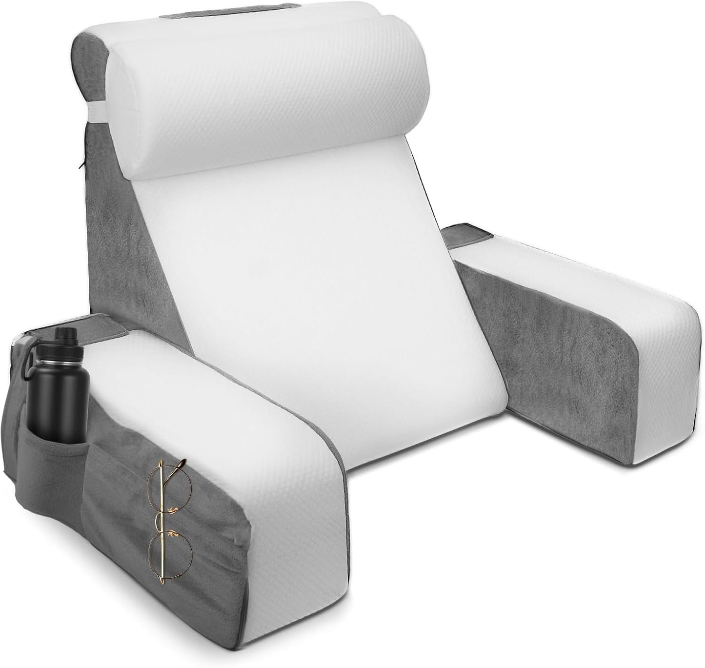 Velký polštář na čtení s odnímatelnou oporou krku a područkami, zádový polštář do postele, ergonomický zádový polštář s paží, kapsou a pratelným potahem na čtení a sledování televize.