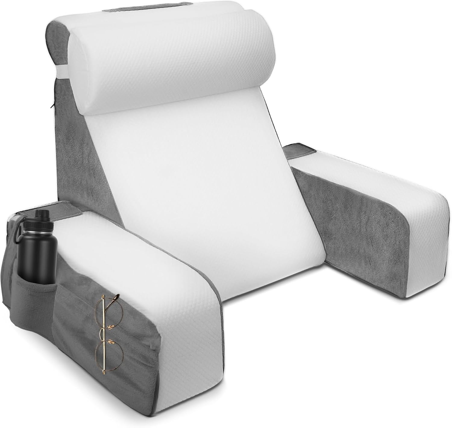Velký polštář na čtení s odnímatelnou oporou krku a područkami, zádový polštář do postele, ergonomický zádový polštář s paží, kapsou a pratelným potahem na čtení a sledování televize.