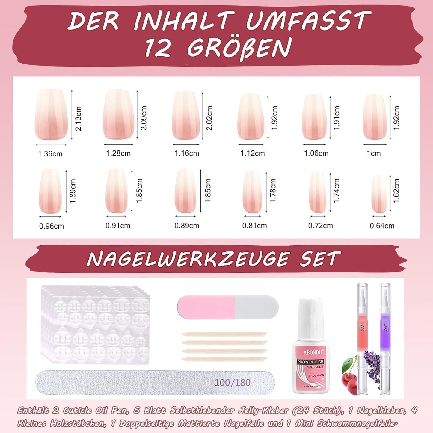 360ks Gradient Ballerina False Nails Set, růžová bílá Gradient nalepovací umělé nehty s 2ks tužky na nehty, střední umělé nehty Ombre pro ženy DIY