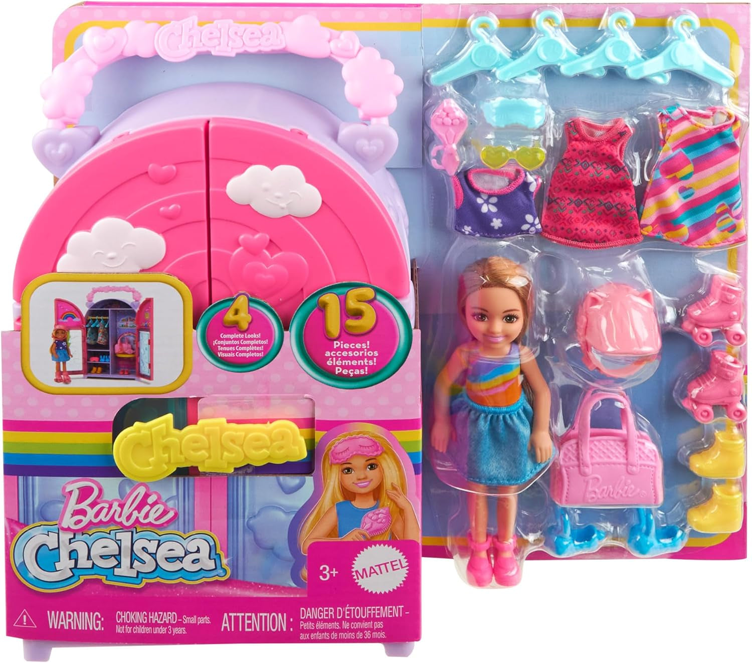 Hrací sada pro panenku Barbie Chelsea a šatní skříň s oblečením a doplňky, 17dílná sada, skládací pro cestování a skladování, HXN03 Naty Shop Dolls