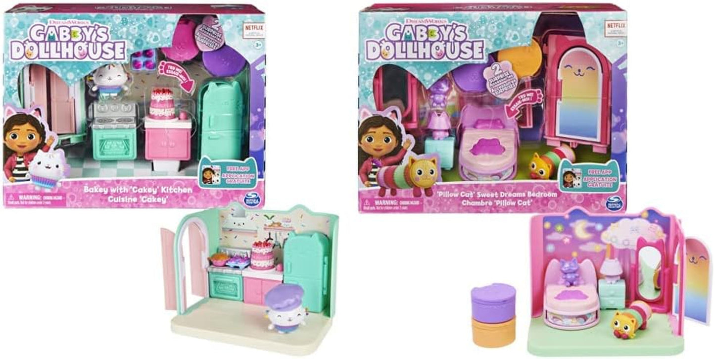 Gabby Dollhouse a Gabby Dollhouse Deluxe Pokoj Sweet Dreams Načechraný kočičí polštář do ložnice Kočka a 3 doplňky 3 kusy nábytku a 2 krabičky s překvapením Vhodné pro děti od 3 let