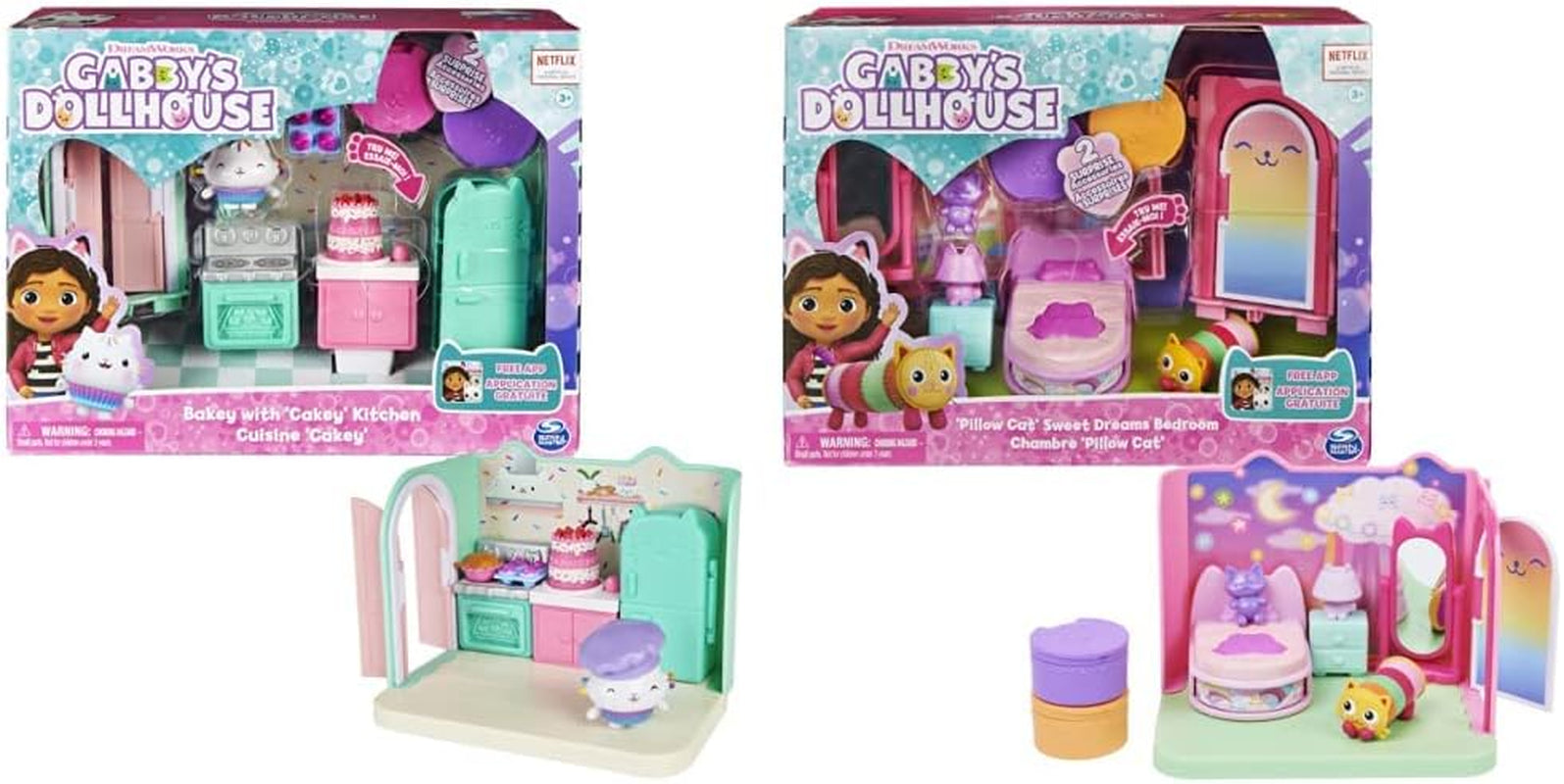 Gabby Dollhouse a Gabby Dollhouse Deluxe Pokoj Sweet Dreams Načechraný kočičí polštář do ložnice Kočka a 3 doplňky 3 kusy nábytku a 2 krabičky s překvapením Vhodné pro děti od 3 let