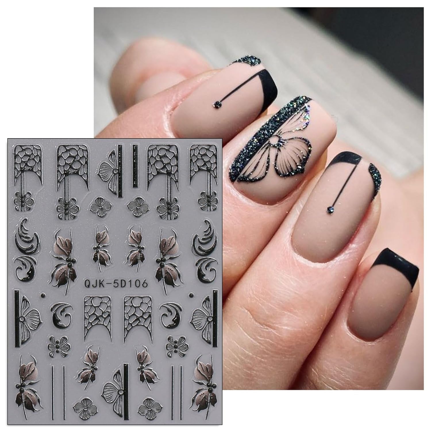 JMEOWIO 3D Nálepka na nehty Schwarz Weiß Blume Nálepka na nehty Selbstklebend Nagelaufkleber 5D Stereoskopisch Blumen Dekoration Nageldesign Zubehör 4 Blatt