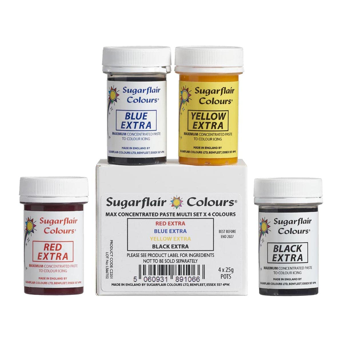 Sada potravinářských barviv Sugarflair Max Concentrated/4, potravinářské barvivo v pastě Max Concentrate, EXTRA modrá, žlutá, červená, černá - 4x25g