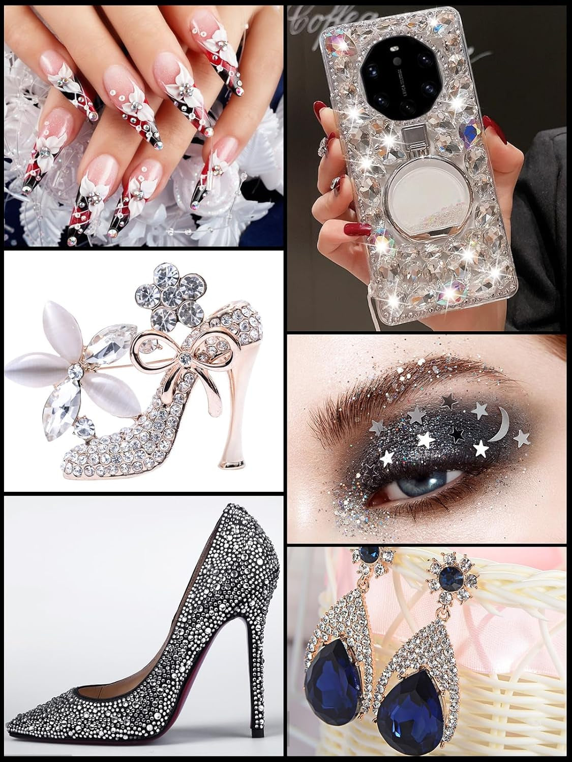 EBANKU Nail Art Strass Kit Multi Design Zubehör Mit 1 Pinzetten 1 Stück Wachsstifte Deko Diamanten Kristalle Perlen Edelsteine ​​​​Bunt Pferdeaugen Strass Metall Nieten Für Nagel DIY (1 kus (10Er Pack))
