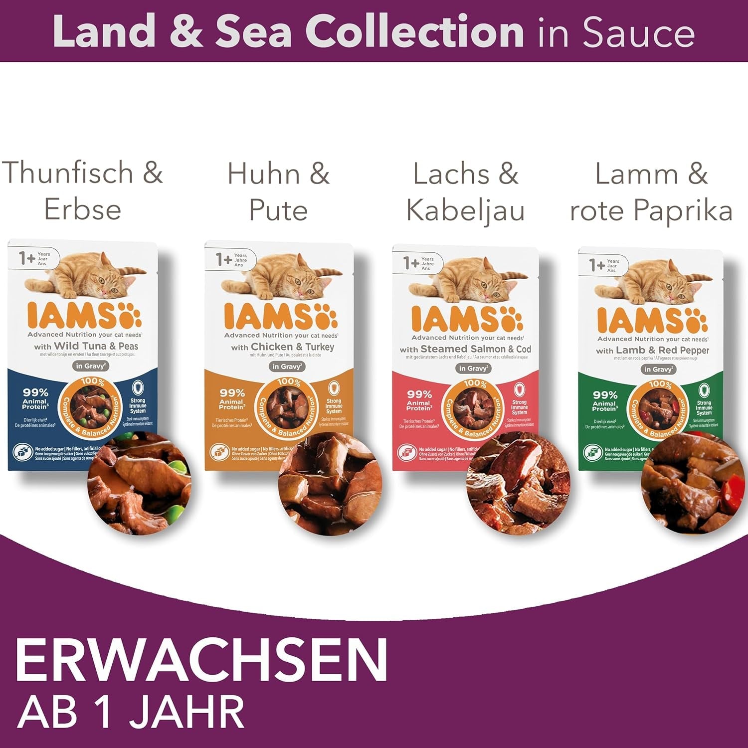 Mokré krmivo pro kočky IAMS Delights Land & Sea Collection - vícenásobné balení masa a ryb v omáčce, mokré krmivo pro kočky od 1 roku, 12 x 85 g