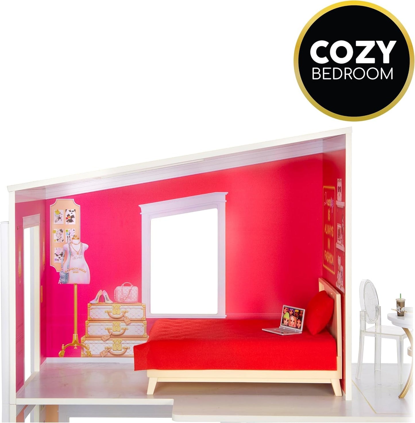 Rainbow High Townhouse - 3patrový dřevěný domeček pro panenky s 5 barevnými pokoji a terasou - Plně zařízený dům s výtahem a funkčními doplňky - Hračka pro děti 4-12 let Naty Shop Domky pro panenky